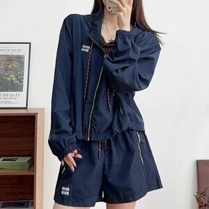 Miu Miu Navy Blue Nylon Hooded Jacket & Shorts Set M